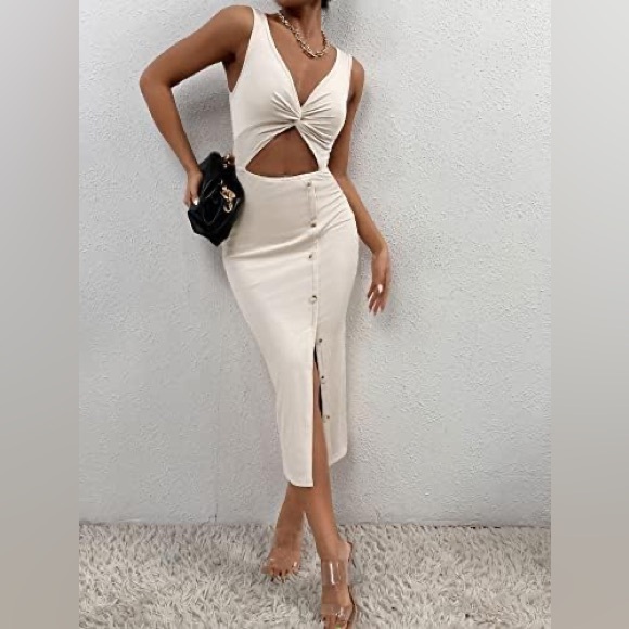 Sexy Bodycon Dress Women’s Medium Off White Cream Maxi Side Slit Buttons Summer - Picture 4 of 15